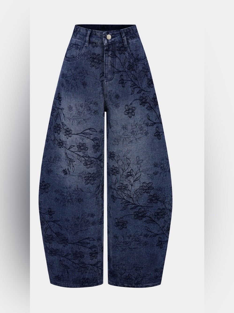 Floral-Print Denim Barrel Jeans